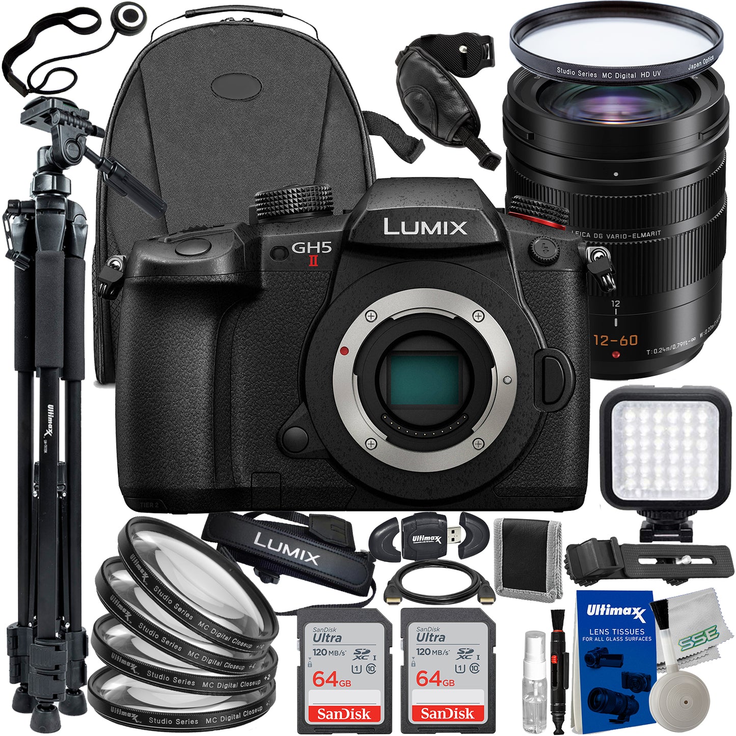 Panasonic Lumix GH5 II spiegellose Kamera mit 12-60 mm f/2.8-4 Objektiv – 18-teiliges Paket