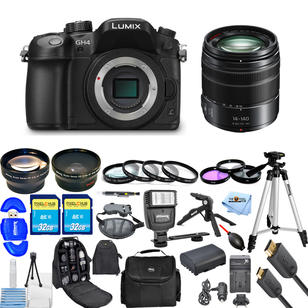 Panasonic Lumix DMC-GH4 spiegellose Micro Four Thirds-Digitalkamera mit 14-140-mm-Objektiv, Bundle 3