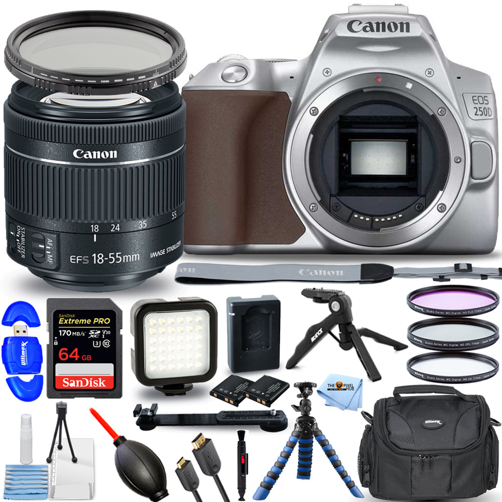 Canon EOS 250D with EF-S 18-55mm f/4-5.6 IS STM Lens (Silver) 15PC Accessory Kit