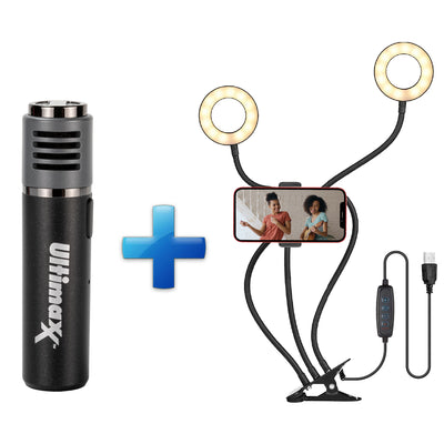 Ultimaxx Kabelloses Lavalier-Bluetooth-Mikrofon für iPhone und Android + LED-Ring-Vlog-Kit