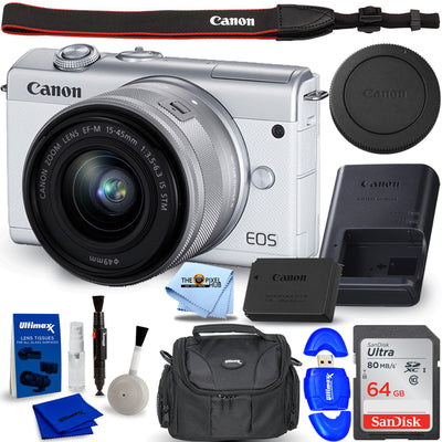 Canon EOS M200 spiegellose Kamera mit 15-45 mm (weiß) 3700C009 – 64 GB-Paket