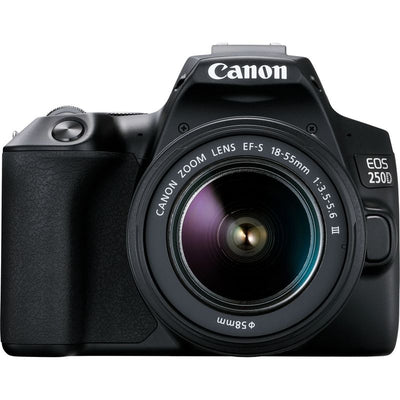 Canon EOS 250D / Rebel SL3 mit 18-55 mm III-Objektiv + 64 GB + LED-Beleuchtungsset-Paket