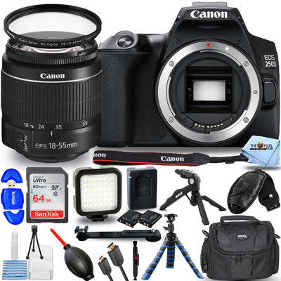 Canon EOS 250D / Rebel SL3 mit 18-55 mm III-Objektiv + 64 GB + LED-Beleuchtungsset-Paket