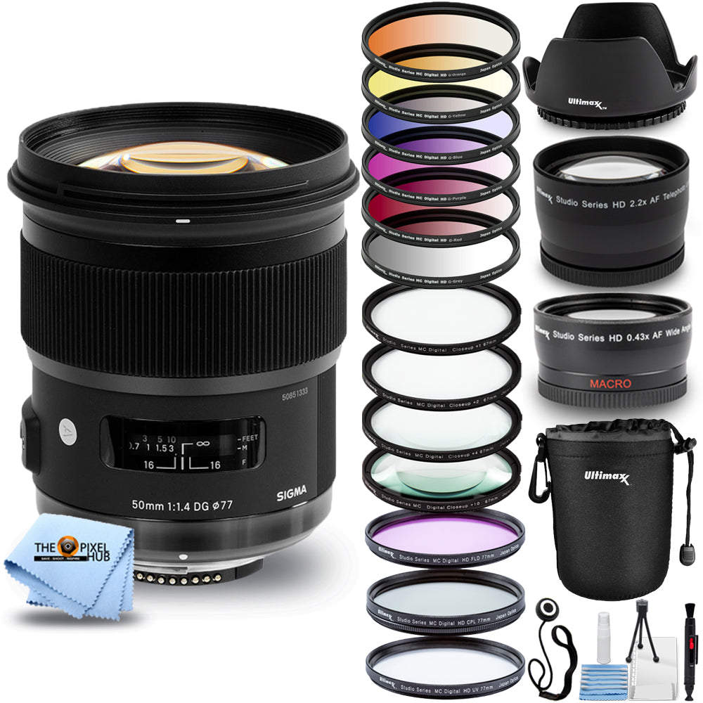 Sigma 50mm f/1.4 DG HSM Art Lens for Nikon F + Filter Kit + Lens Pouch Bundle