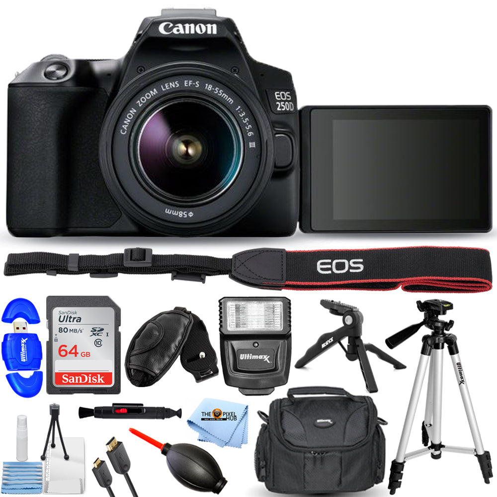 Canon EOS 250D / Rebel SL3 DSLR-Kamera mit 18-55 mm (Schwarz) 64 GB + Blitzpaket