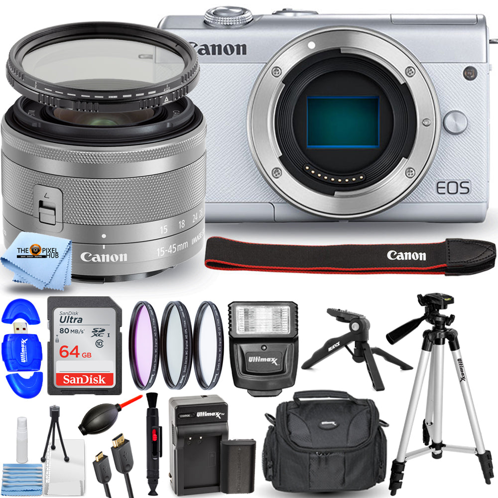 Canon EOS M200 spiegellose Kamera mit 15-45 mm (weiß) + EXT BATT + Filterpaket