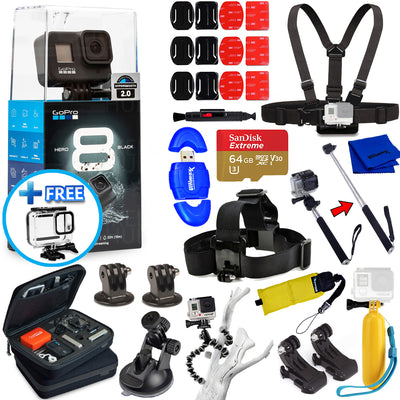 GoPro HERO8 HERO 8 Schwarz – All-in-1-PRO-ZUBEHÖR-KIT + 64 GB + Stativ und mehr