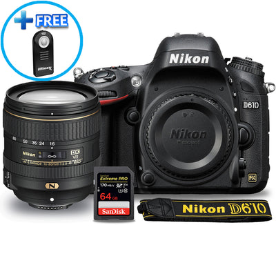 Nikon D610-Kamera mit 16–80 mm f/2.8-4E ED VR-Objektiv + Extreme Pro 64 GB SD-Paket