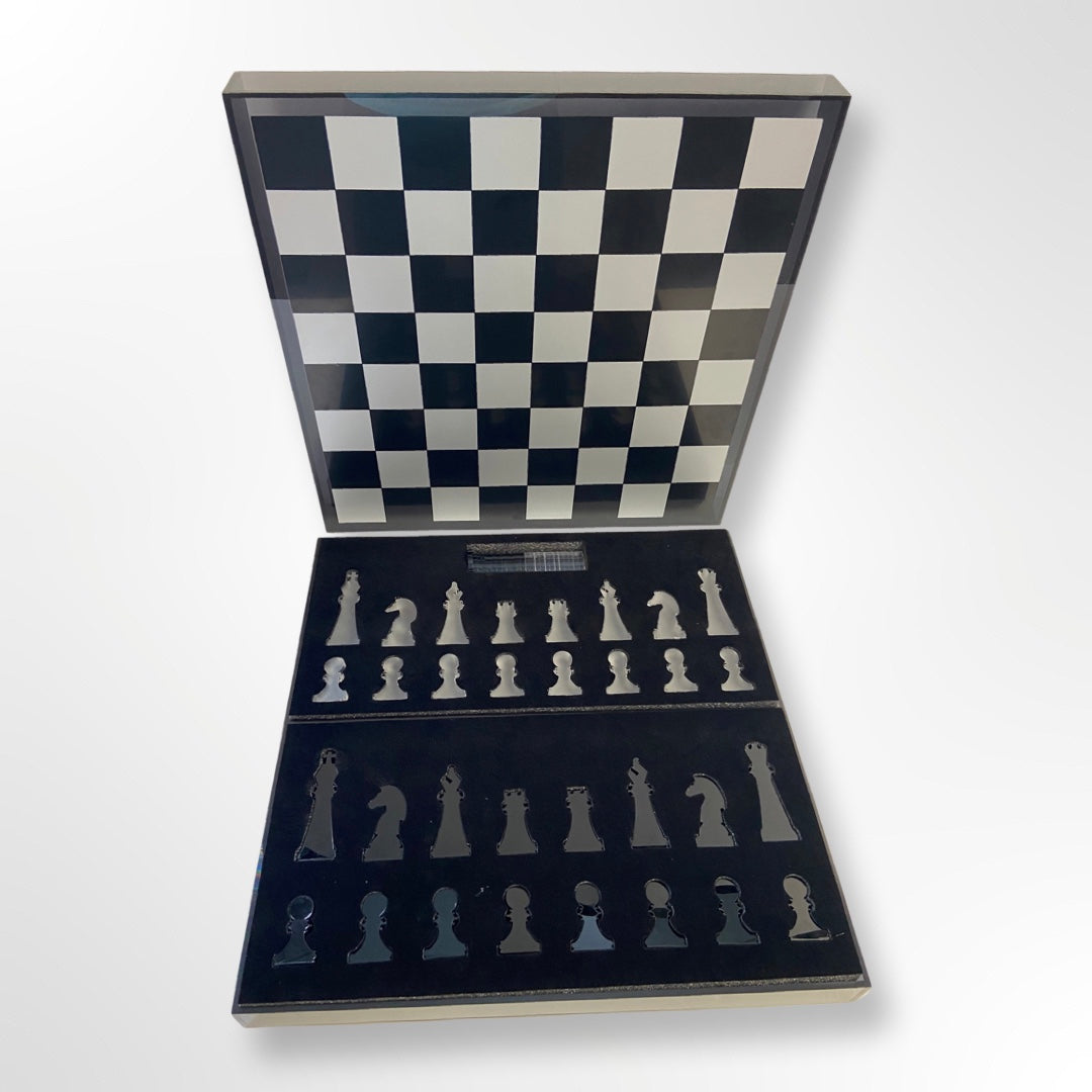 Lucite Acryl Schach + Dame Premium Set - Groß 17,5" (Schwarz/Silber)