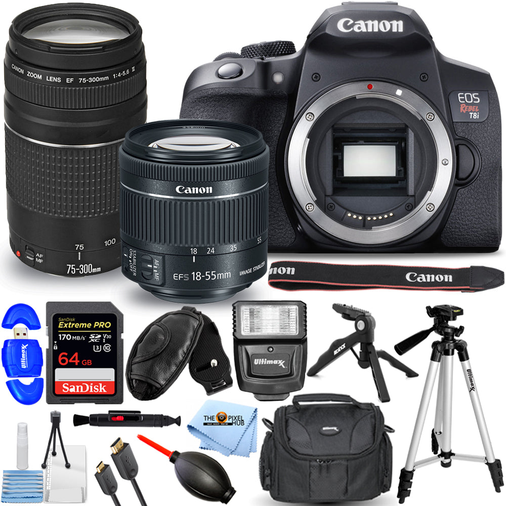 Canon EOS Rebel T8i with 18-55mm + 75-300mm III Lens + 64GB + Flash Bundle