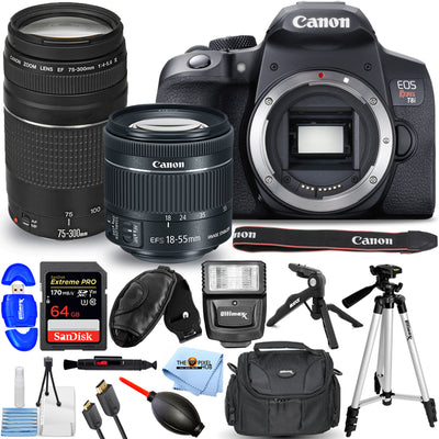 Canon EOS Rebel T8i mit 18-55 mm + 75-300 mm III Objektiv + 64 GB + Blitzpaket