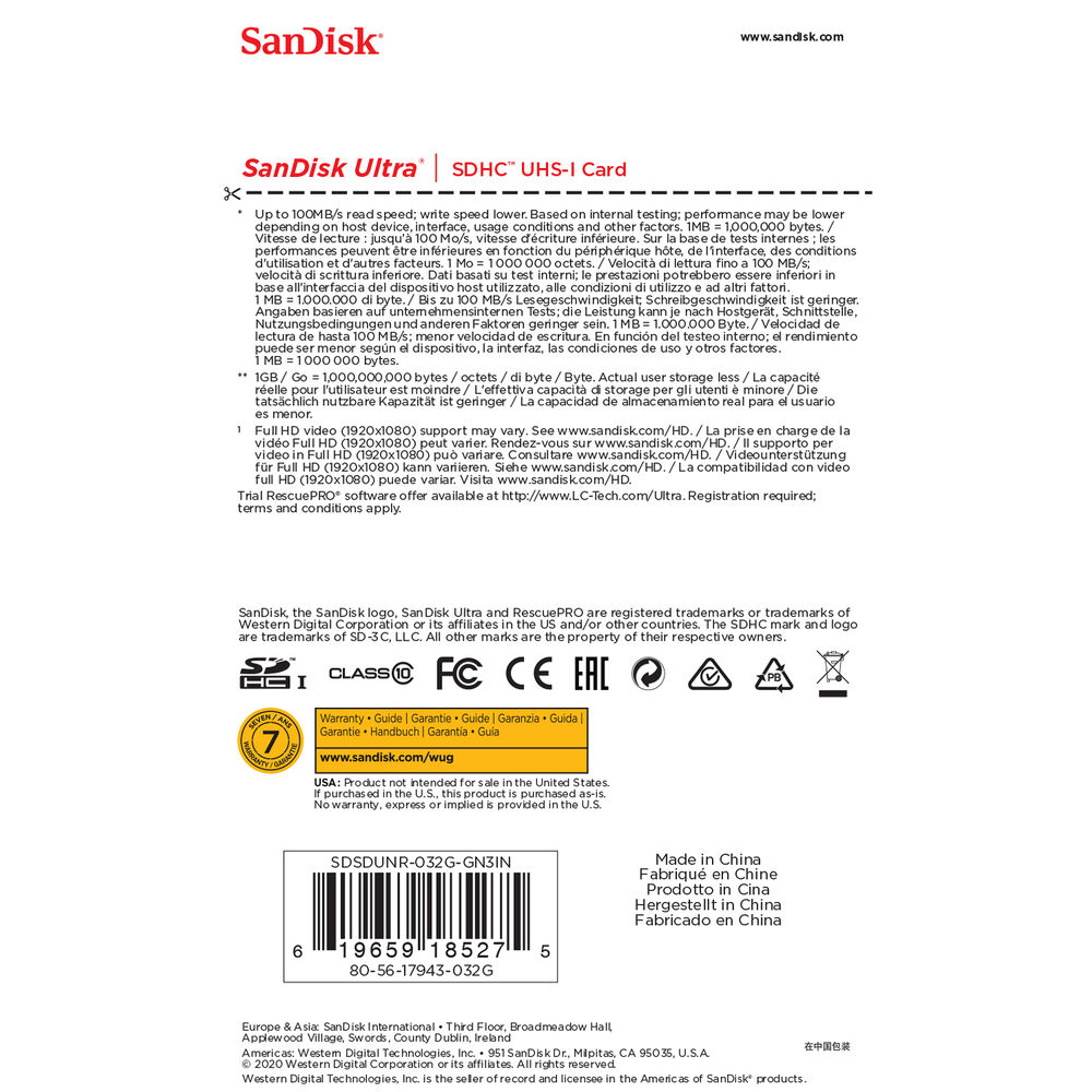 SanDisk 32 GB Ultra SDHC UHS-I-Speicherkarte – SDSDUNR-032G-GN6IN