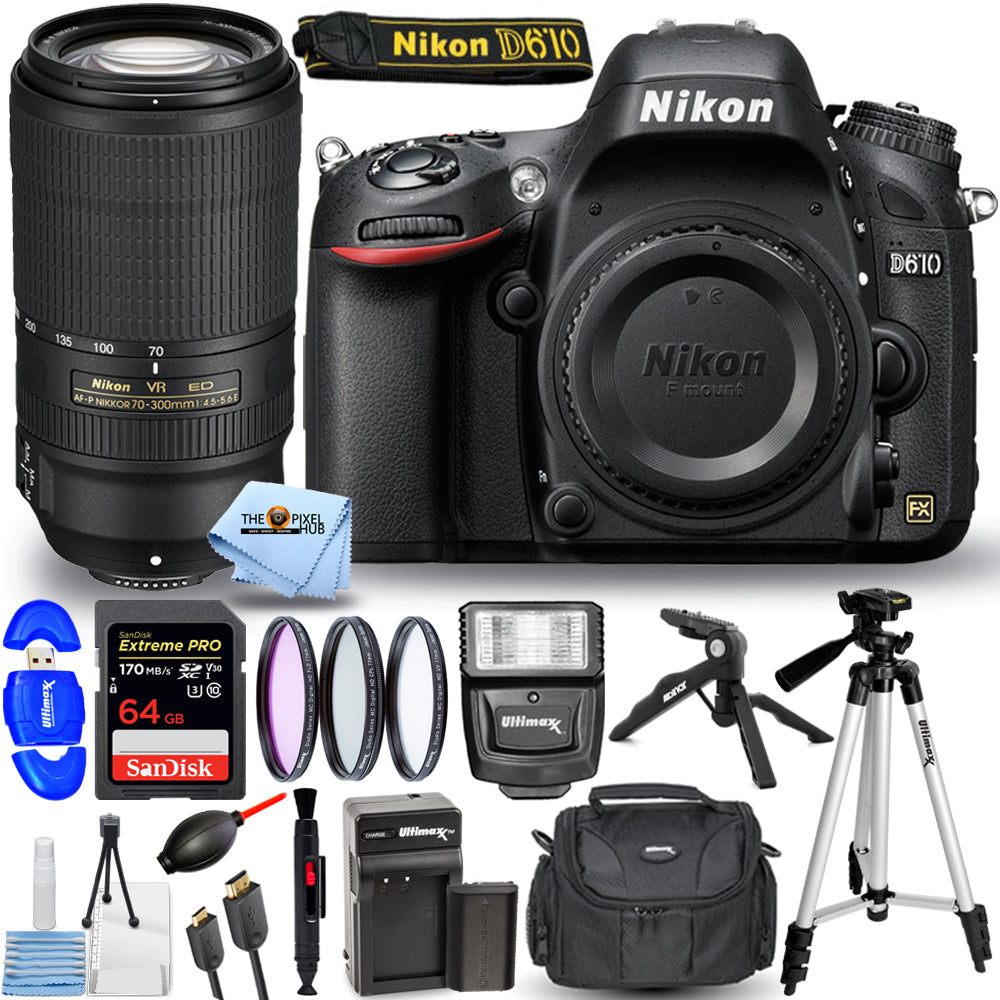 Nikon D610-Kamera mit 70–300 mm f/4,5–5,6E ED VR-Objektiv + EXT BATT + 64 GB-Paket