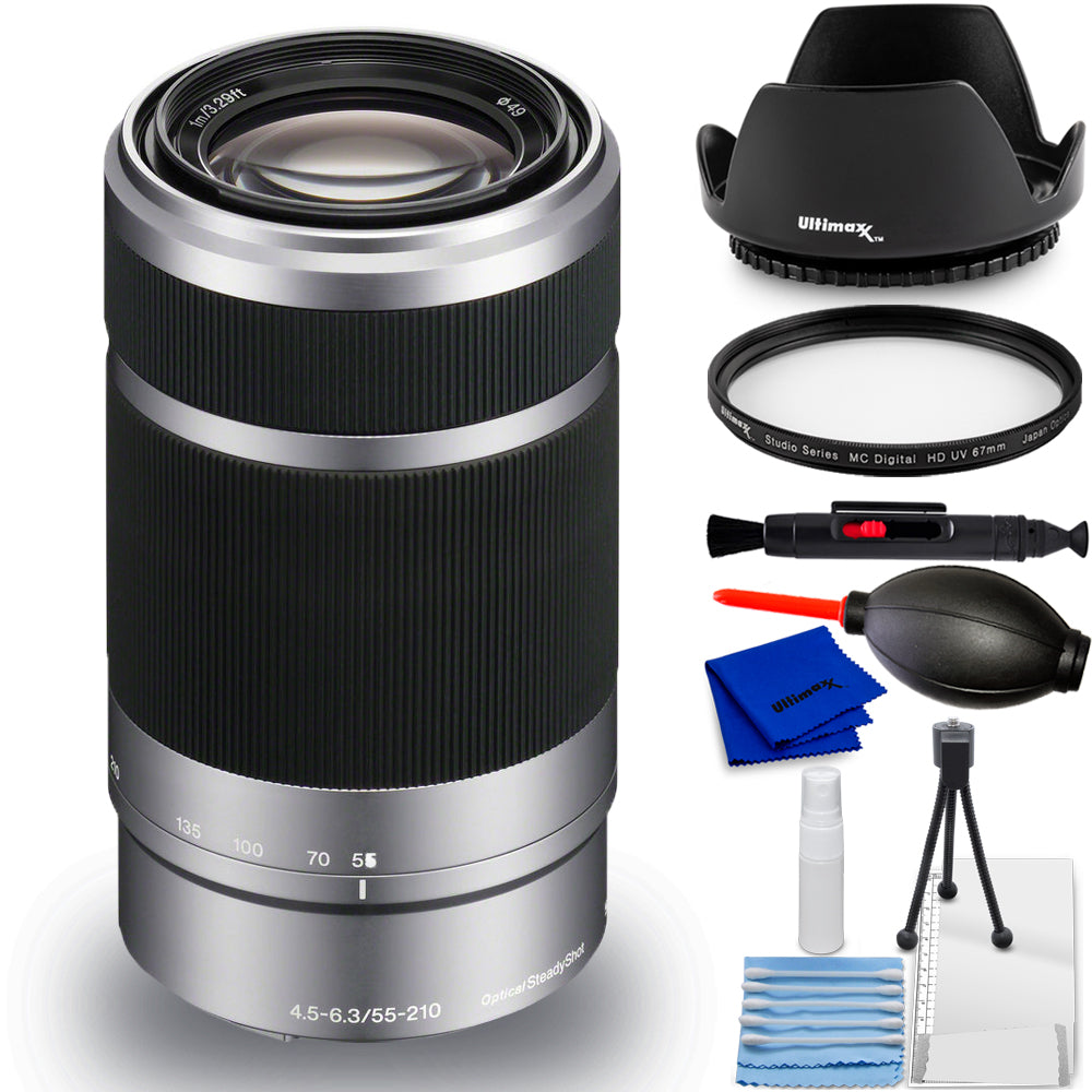 Sony E 55–210 mm f/4,5–6,3 OSS-Objektiv (Silber), neu in weißer Box, 7-teiliges Zubehörset