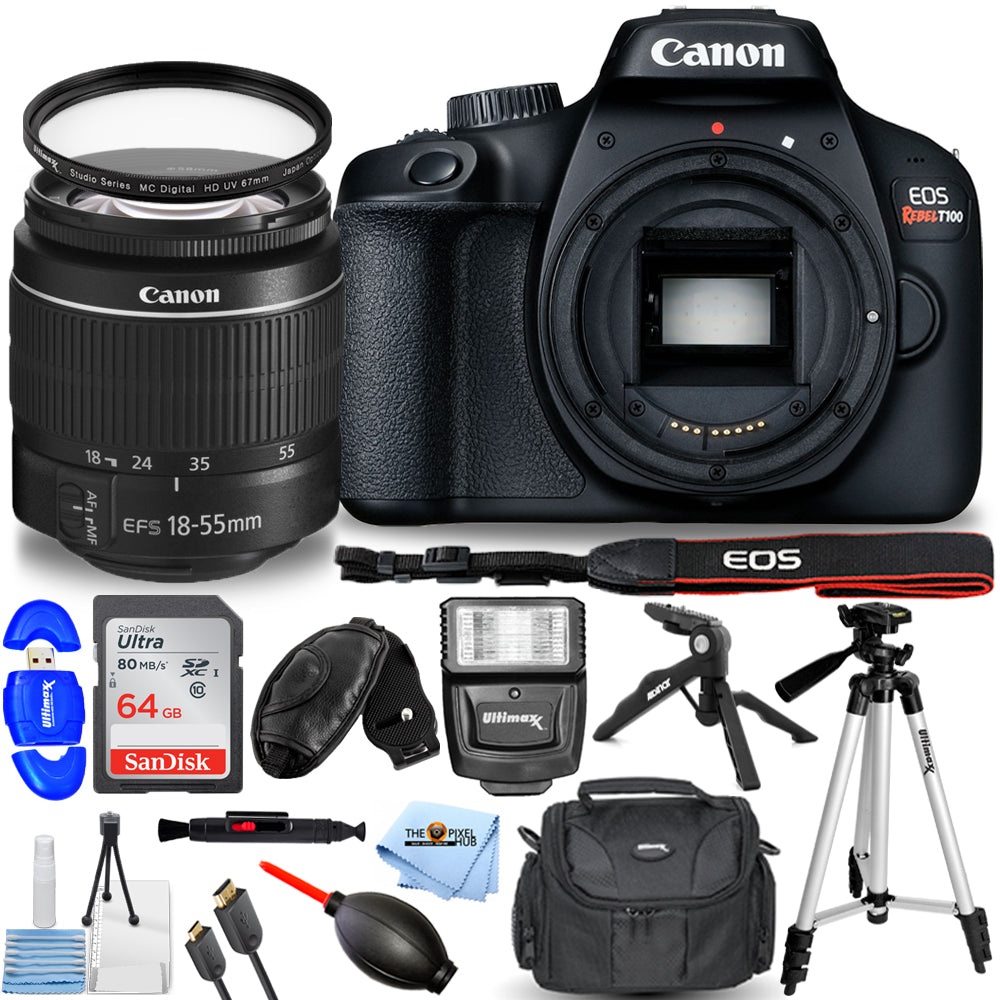 Canon EOS Rebel T100/4000D Kamera mit 18-55 mm DC III Objektiv + 64 GB + Blitzpaket