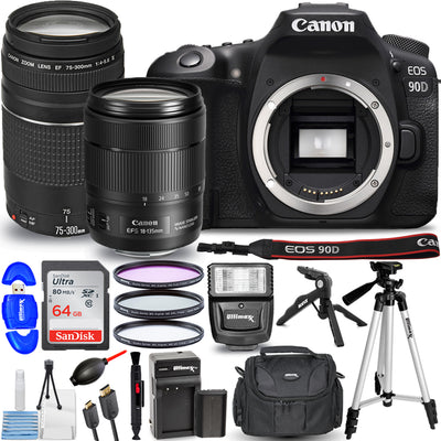 Canon EOS 90D DSLR mit 18-135 mm + 75-300 mm + EXT BATT + Blitz – Top Value Bundle