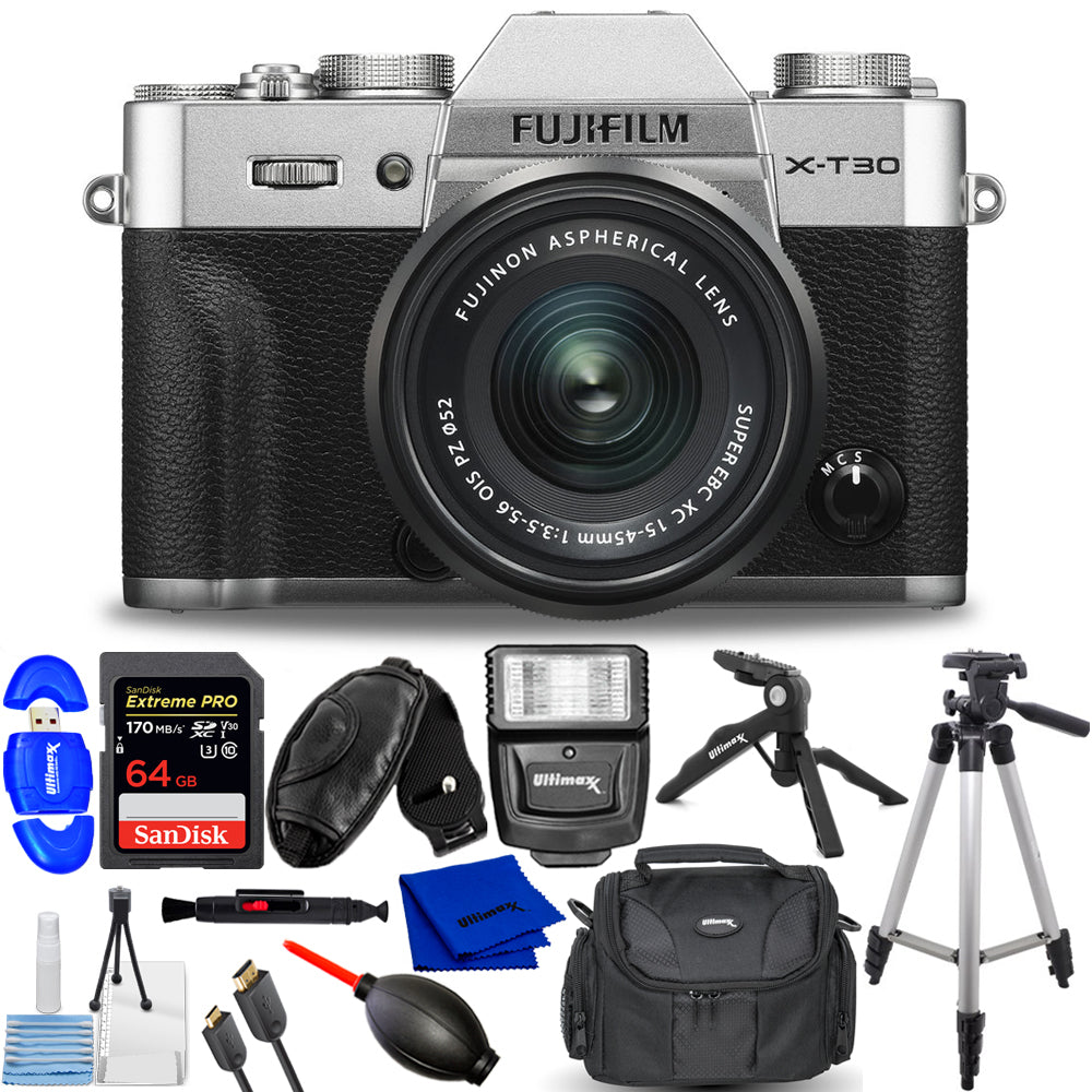 FUJIFILM X-T30 Spiegellose Digitalkamera mit 15-45-mm-Objektiv (Silber) 12-teiliges Paket