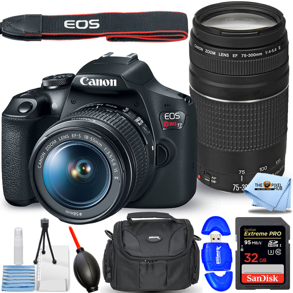 Canon EOS Rebel T7 DSLR mit 18-55 mm + 75-300 mm Objektiven – Essential 32 GB Bundle