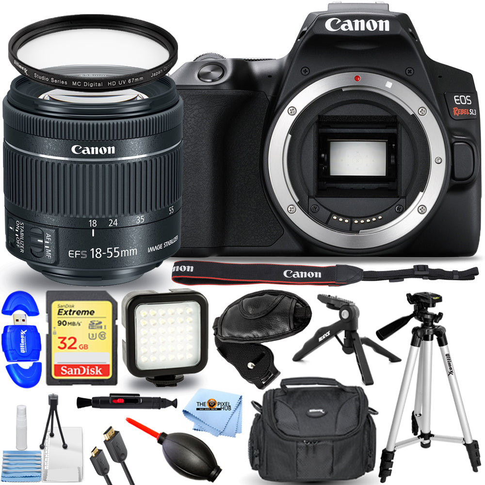 Canon EOS Rebel SL3 mit 18-55 mm IS STM-Objektiv + 32 GB + Blitz + Stativpaket