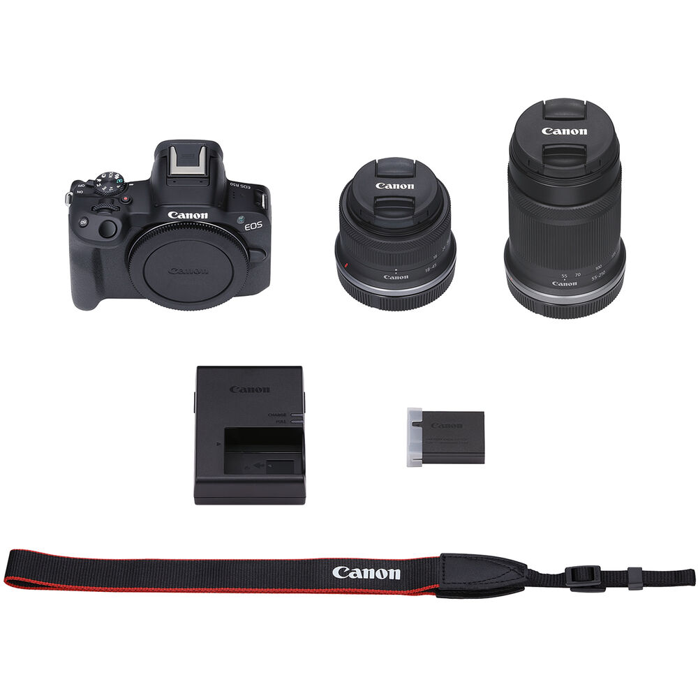 Spiegellose Kamera Canon EOS R50 mit 18–45 mm und 55–210 mm Objektiven (Schwarz)