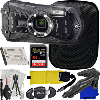 Ricoh WG-70 Digital Camera (Black) 03868 - 8PC Accessory Bundle