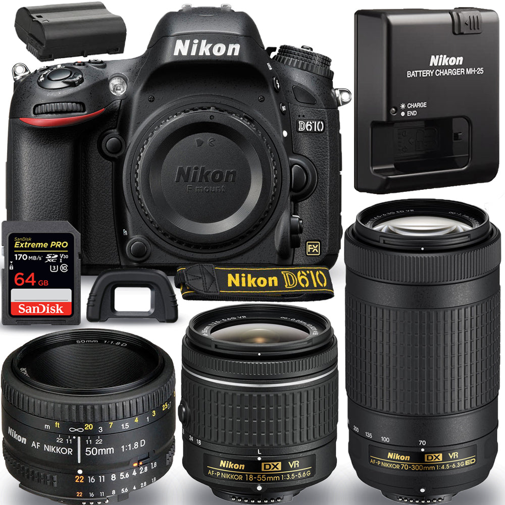 Nikon D610 DSLR-Kamera + 18–55 mm + 70–300 mm + 50 mm – 3-Objektiv-Zubehörpaket