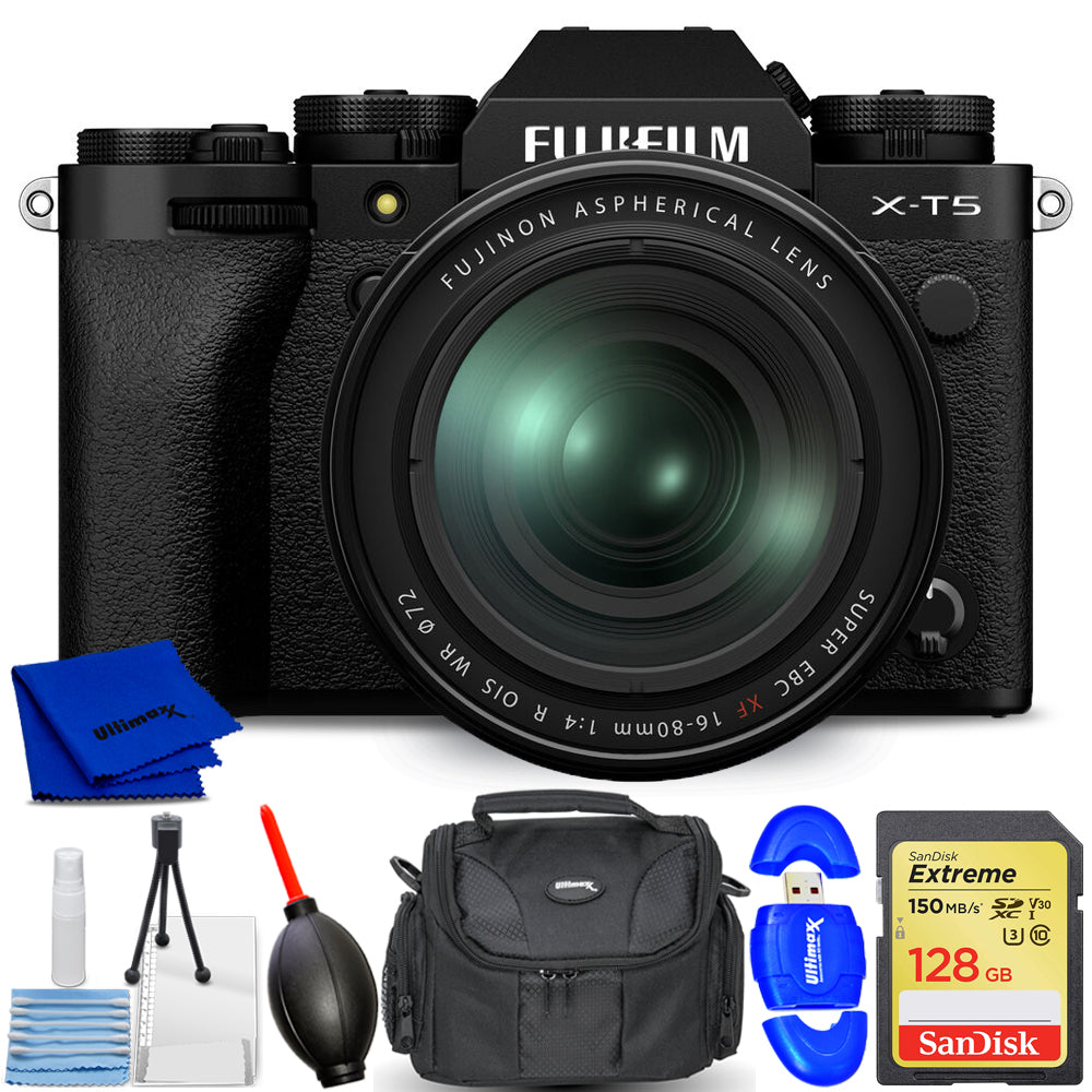 FUJIFILM X-T5 spiegellose Kamera mit 16-80-mm-Objektiv (schwarz) – 7-teiliges Zubehörpaket