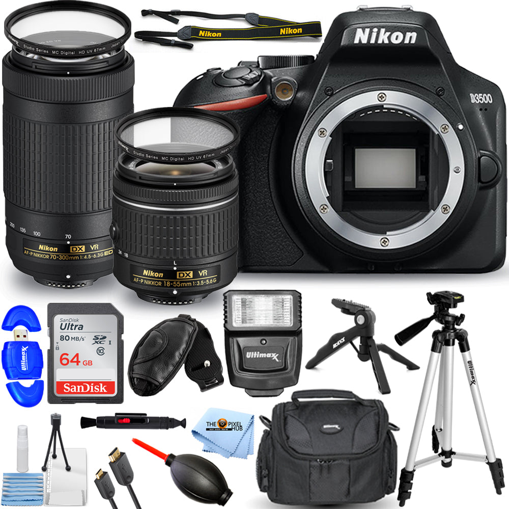 Nikon D3500 DSLR Camera with 18-55mm + 70-300mm VR Lenses - 14PC Accessory Kit