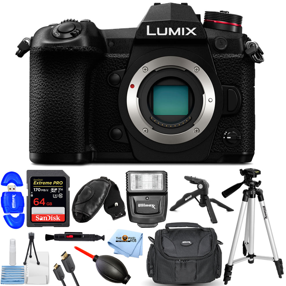 Panasonic Lumix DC-G9 spiegellose Micro 4/3-Kamera (Gehäuse) + 64 GB + Blitzlicht-Paket