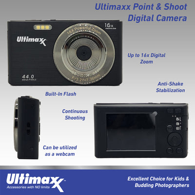 Ultimaxx 44MP Digitale Kompaktkamera mit 16-fachem Digitalzoom und 32GB-Kartenpaket – perfektes Geschenk für Kinder