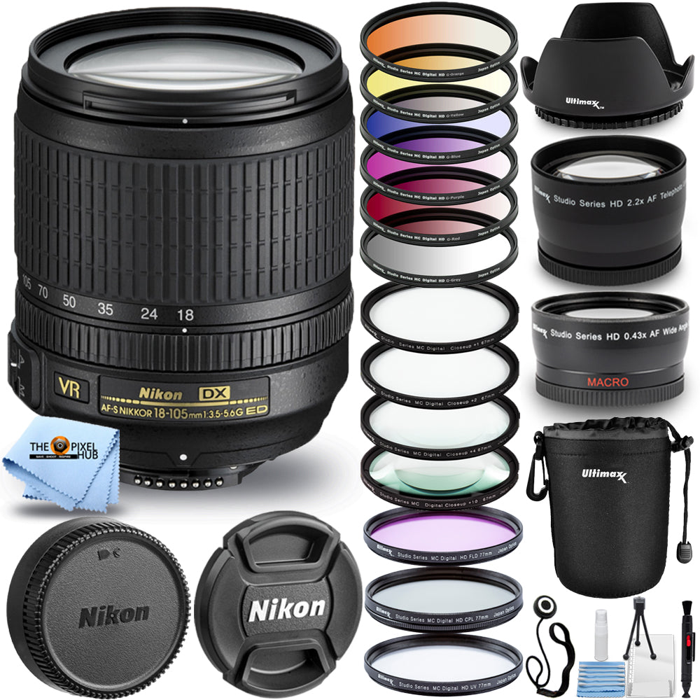 Nikon AF-S DX NIKKOR 18–105 mm 1:3,5–5,6G ED VR + Filter-Kits + Beutelpaket