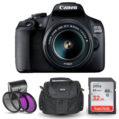 Canon EOS 2000D / Rebel T7 mit 18-55 mm III + 32 GB SD + Gadget-Tasche + Filter-Kit