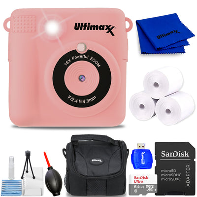 Ulitmaxx Kids Instant Digital Camera (Pink) with 64GB Micro SD and 3 Rolls Paper