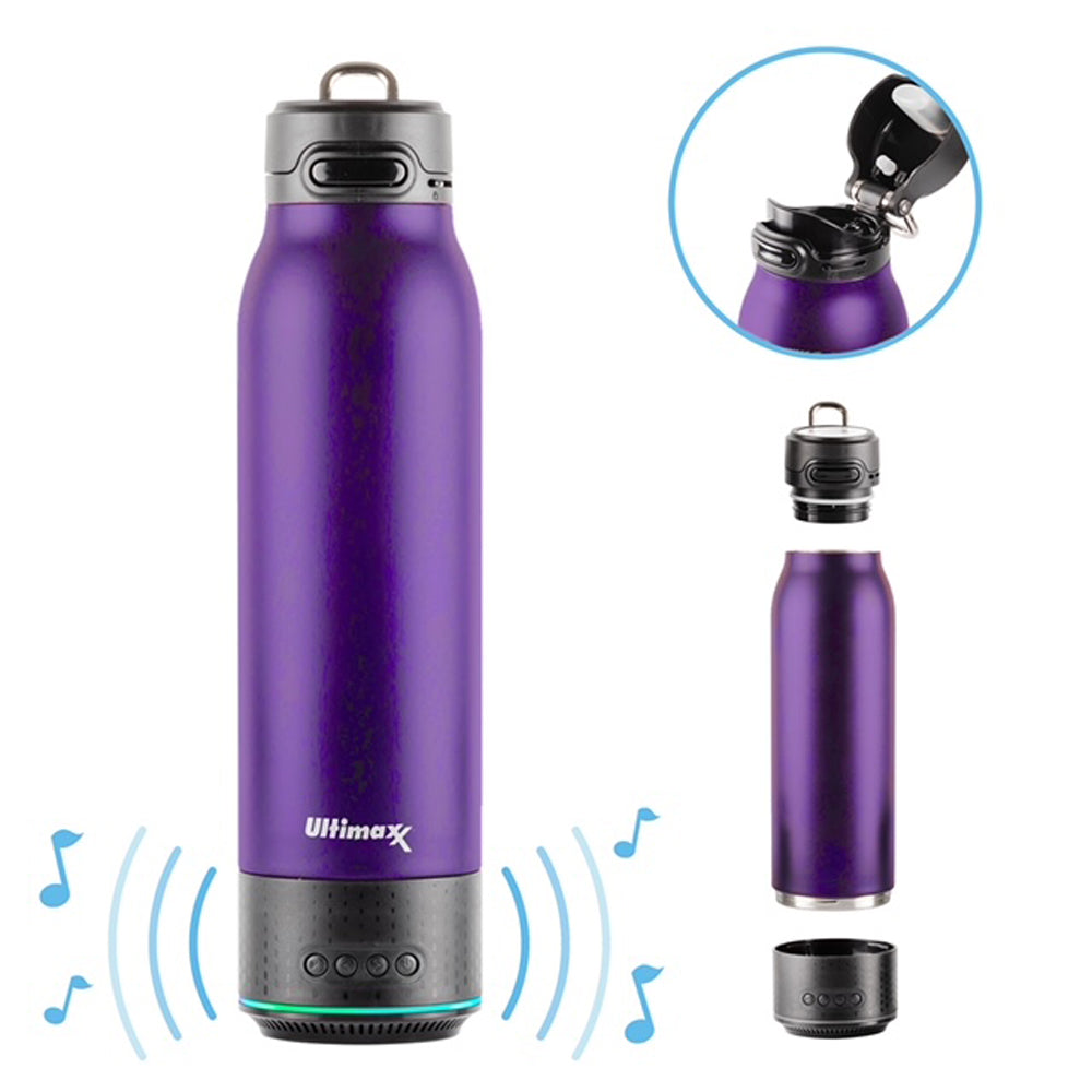 Ultimaxx Vakuumisolierte Premium-Wasserflasche mit wiederaufladbarem Bluetooth-Lautsprecher – Doppelwandiger Stahl + Lichter – DUNKELLILA