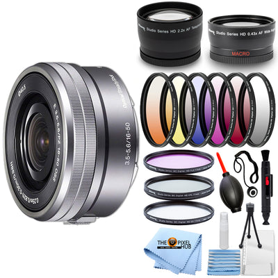 Sony E PZ 16–50 mm f/3,5–5,6 OSS-Objektiv (Silber) – White Box Filter Kit Bundle