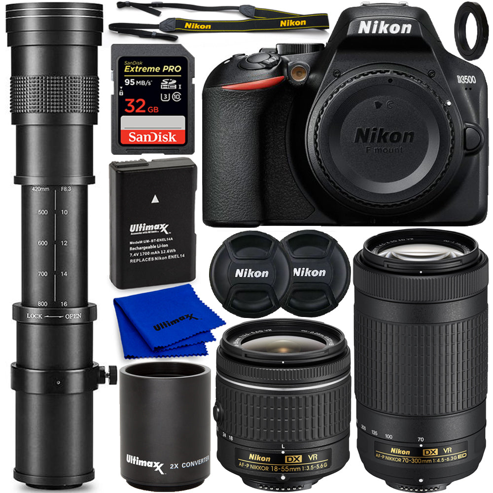 Nikon D3500 DSLR mit AF-P 18–55 mm + 70–300 mm + 420–800 mm + 32 GB-Paket