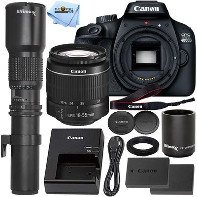 Canon EOS 4000D / Rebel T100 mit EF-S 18-55 mm III-Objektiv + 500 mm/1000 mm-Paket