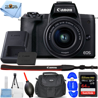 Canon EOS M50 Mark II spiegellose Kamera mit 15-45-mm-Objektiv (schwarz) – 64-GB-Paket