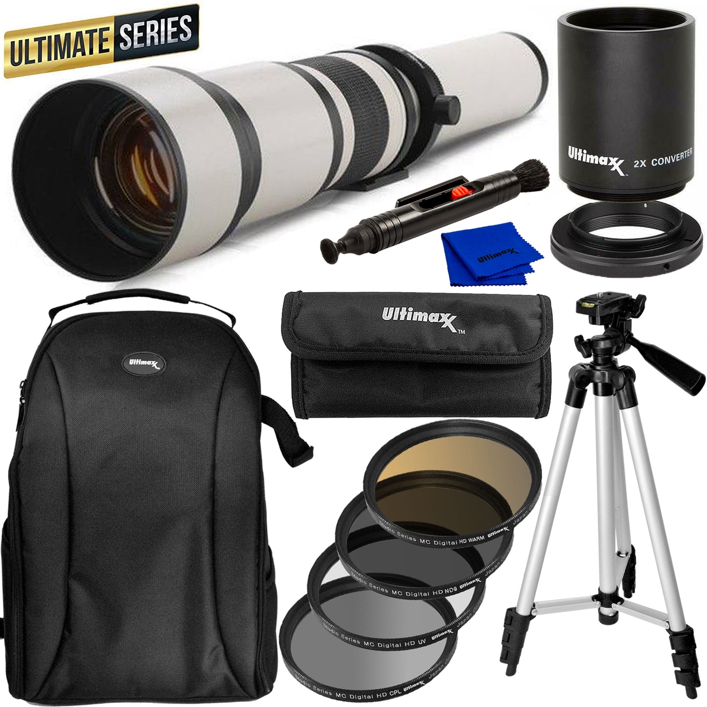 ULTIMAXX 650–1300 mm f/8 Super-Zoom-Objektiv für Nikon F + Filter-Kit + Rucksack