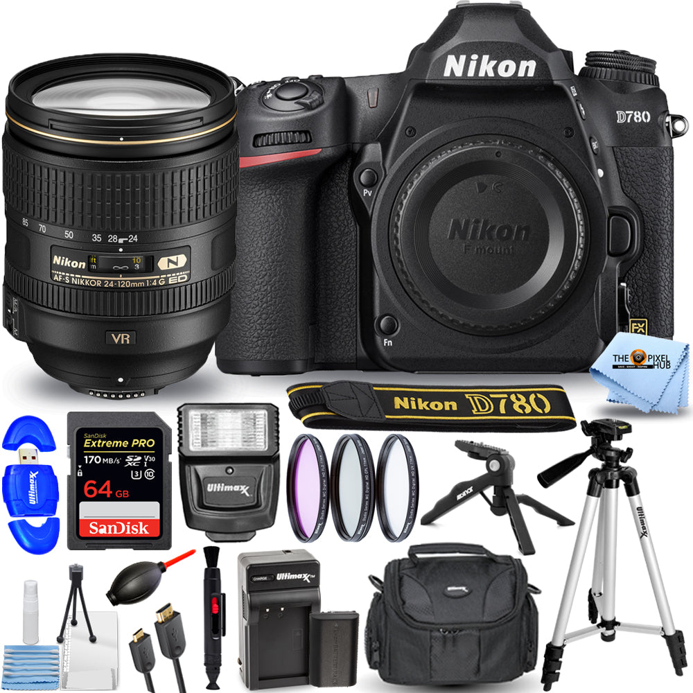 Nikon D780 DSLR-Kamera mit 24-120 mm ED VR-Objektiv + EXT BATT + 64 GB + Filterpaket