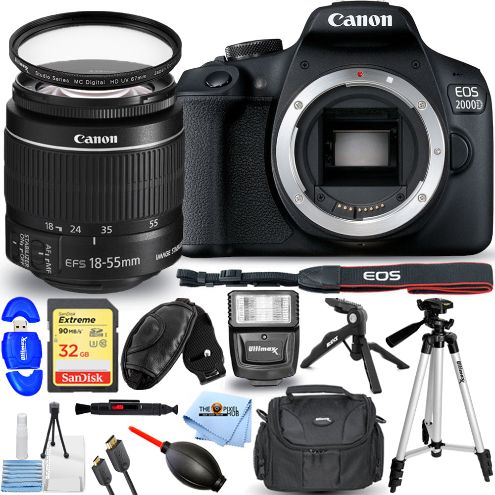 Canon EOS 2000D / Rebel T7 with 18-55mm IS II Lens + 32GB + Flash + UV Bundle