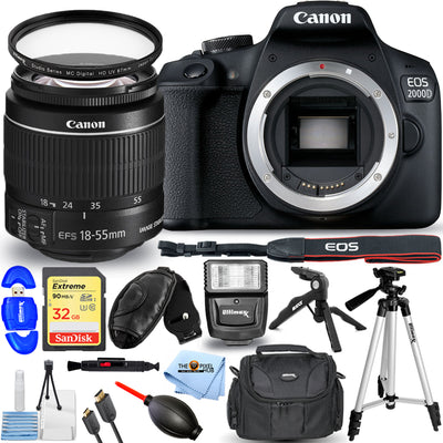 Canon EOS 2000D / Rebel T7 mit 18-55 mm IS II Objektiv + 32 GB + Blitz + UV-Paket