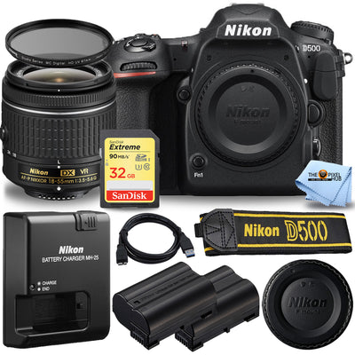 Nikon D500 DSLR-Kamera mit AF-P 18–55 mm VR + EXT BATT + 32 GB + UV-Filterpaket