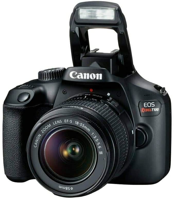 Canon EOS Rebel T100/4000D Kamera mit 18-55 mm DC III Objektiv + 64 GB + Blitzpaket