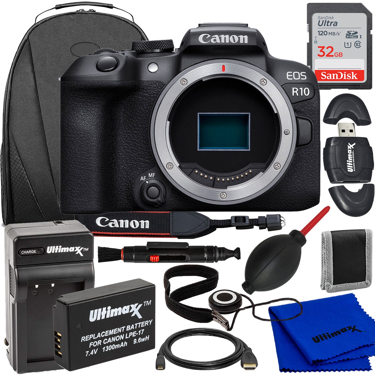 Canon EOS R10 spiegellose Kamera (nur Gehäuse) – 9-teiliges Zubehörpaket