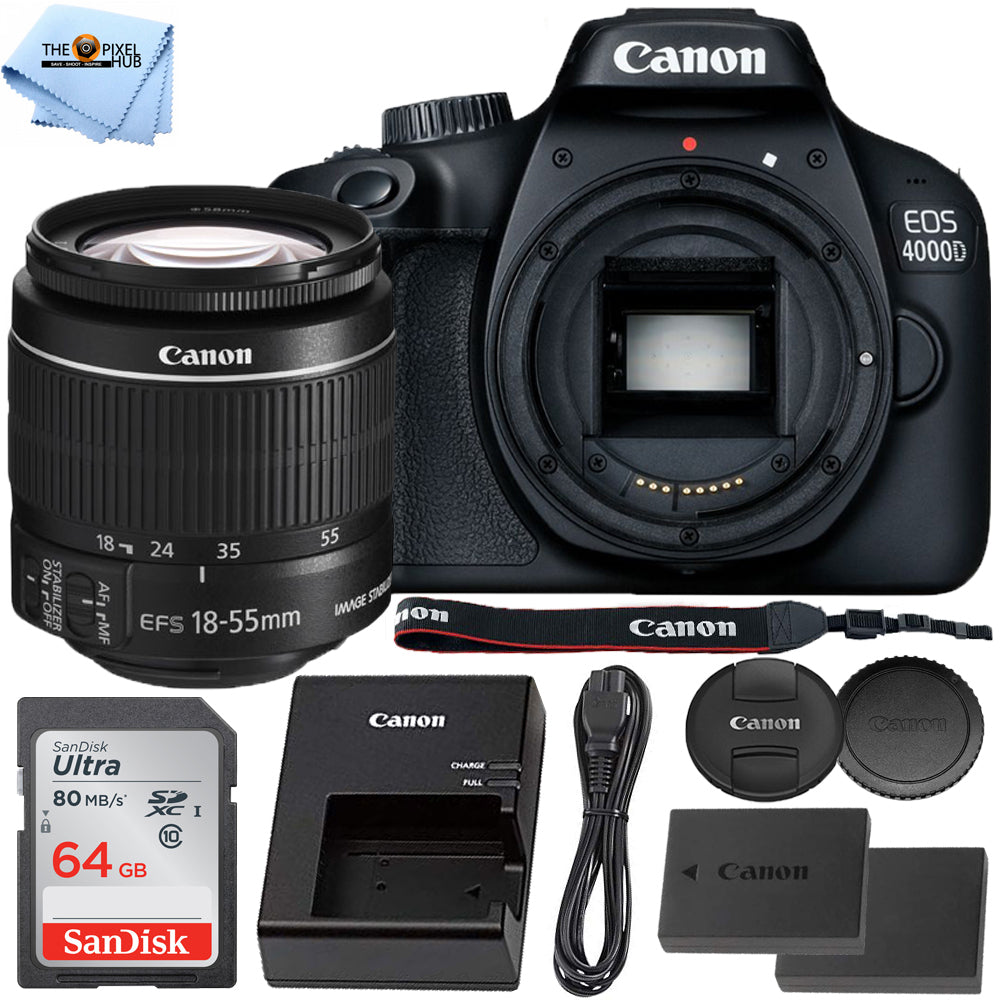 Canon EOS 4000D with EF-S 18-55 mm f/3.5-5.6 IS II Lens + EXT BATT + 64GB Bundle