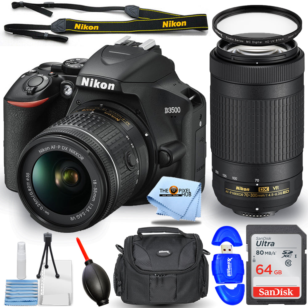 Nikon D3500 DSLR-Kamera mit AF-P DX 18–55 mm + 70–300 mm VR-Objektiven, 64 GB-Paket