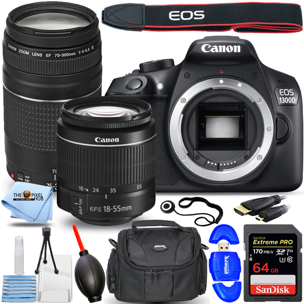 Canon EOS 3000D / T100 DSLR mit 18-55 mm III + 75-300 mm Objektiv – 64 GB Paket