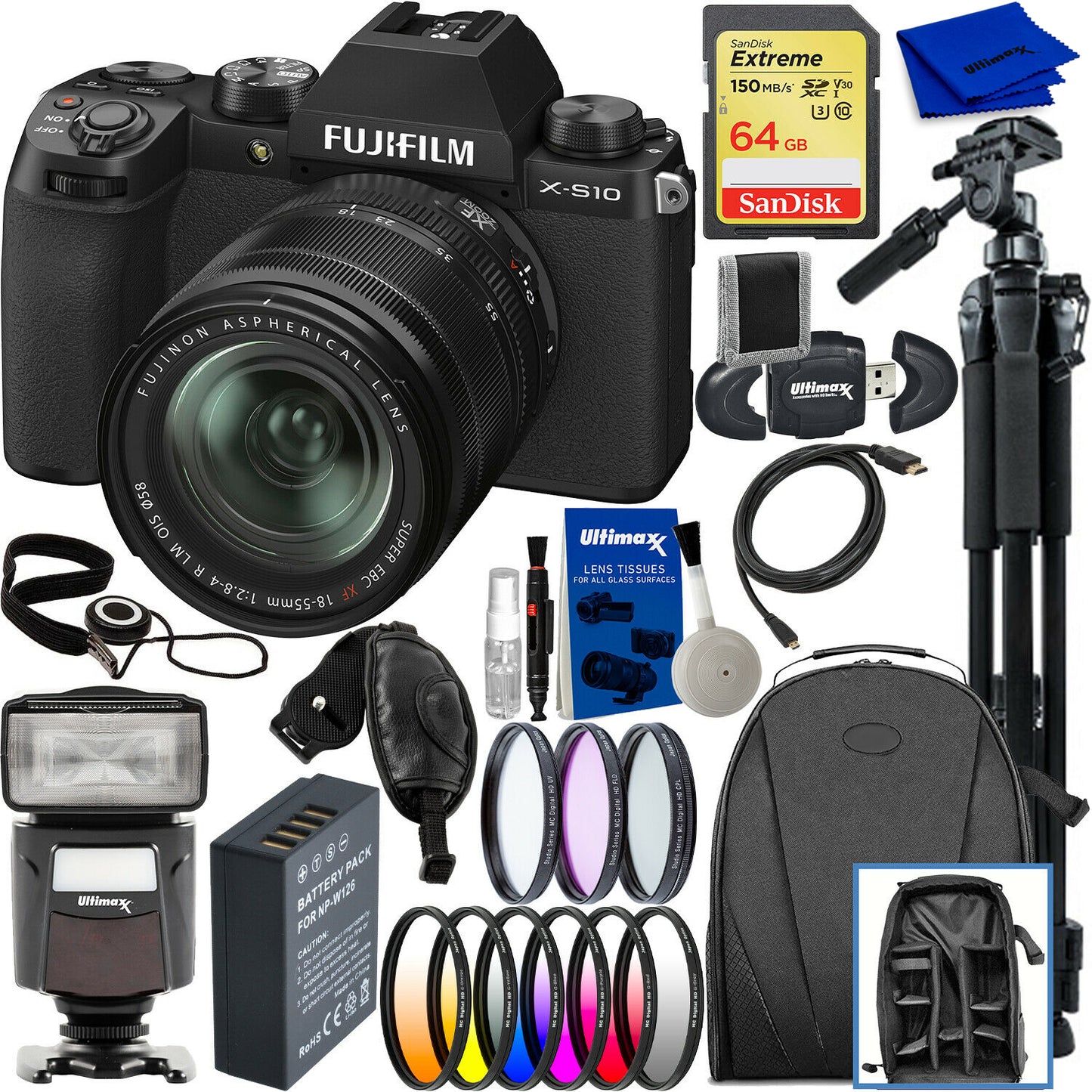 FUJIFILM FUJI X-S10 Mirrorless Camera with 18-55mm Lens - 14PC Accessory Kit