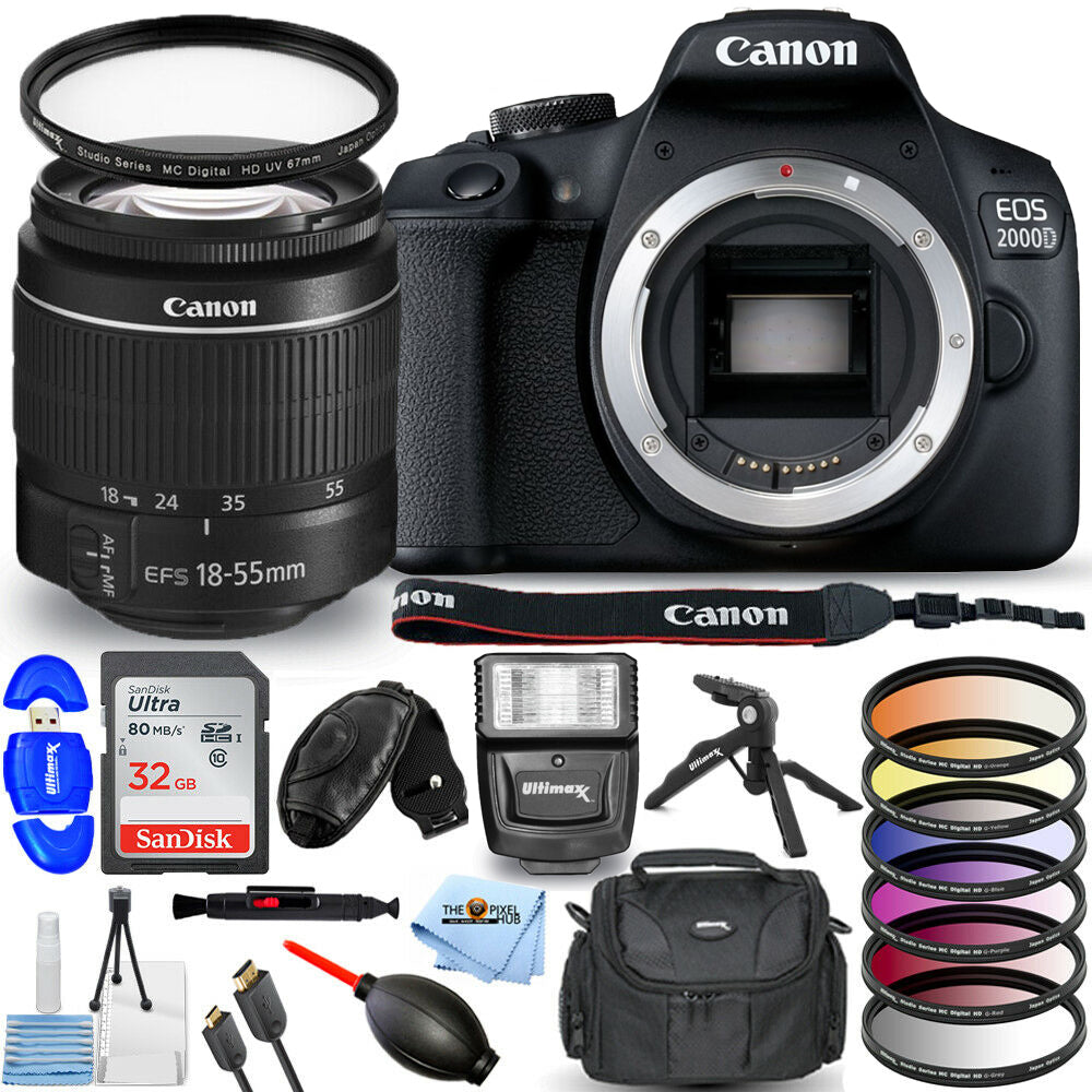 Canon EOS 2000D / Rebel T7 mit 18-55 mm III-Objektiv + 32 GB + Filter-Kit-Paket